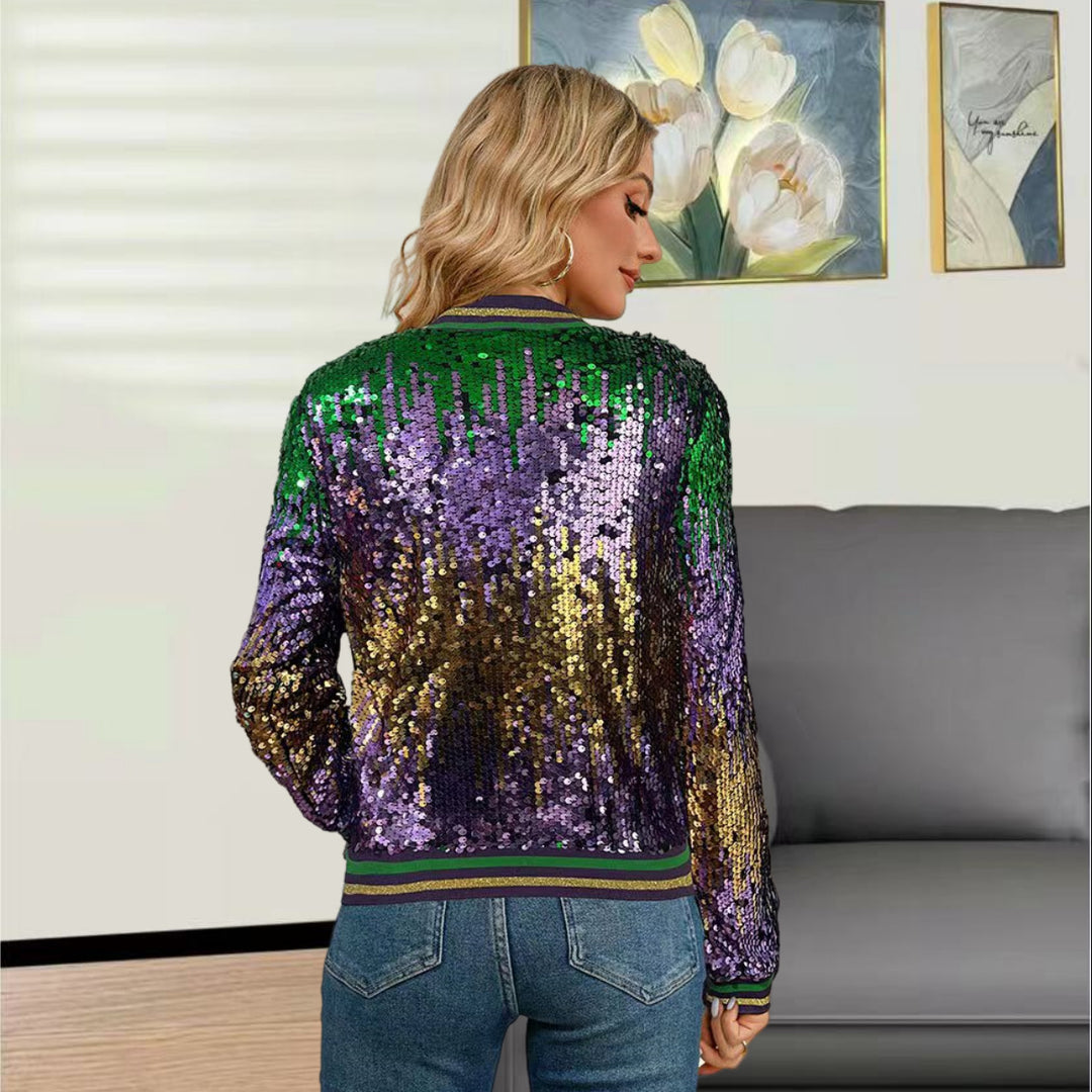 Damen Glitzernde Bomberjacke mit paillettenbesetztem Design und elastischem Bund Heidi-Mode