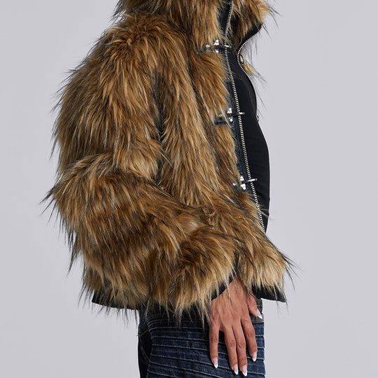 Damen Gemusterte und weiche Kunstfelljacke mit Kapuze Heidi-Mode