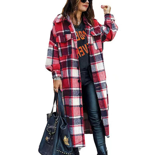 Damen Langarm-Wolljacke mit Karomuster und praktischen Taschen Heidi-Mode