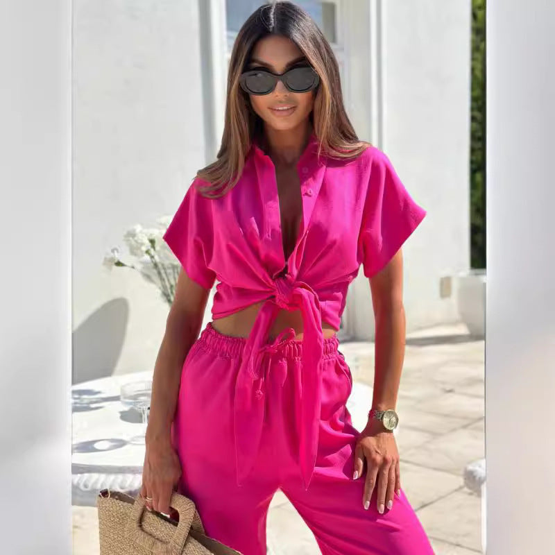 Damen Freizeit Hemd mit Bindegürtel und Hose Set Heidi-Mode
