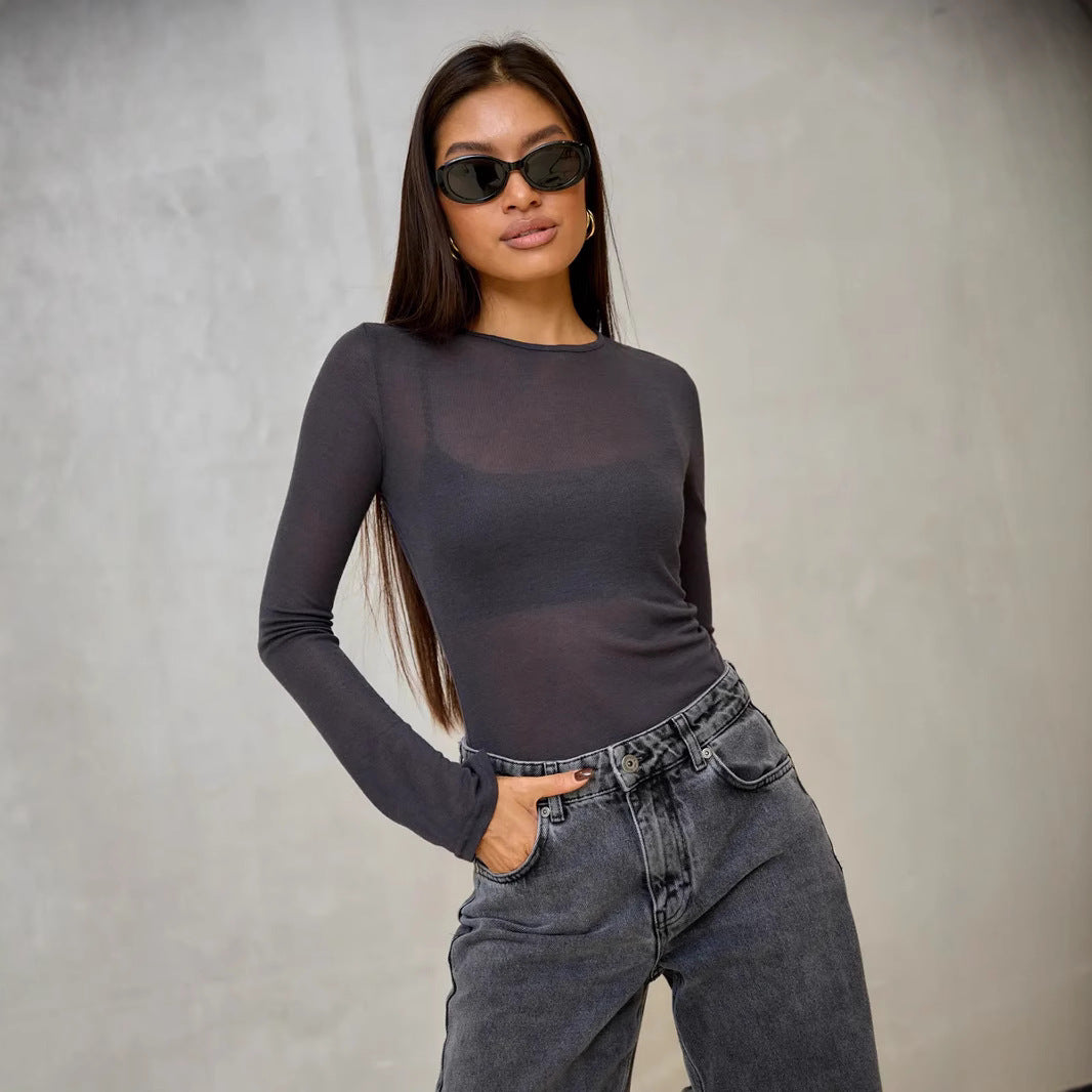 Damen Langarmshirt mit eleganten V-Ausschnitt und feinem Netzstoff Heidi-Mode