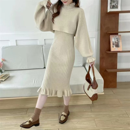 Damen Strickkleid mit hochgeschlossenem Kragen und Rippstruktur Heidi-Mode