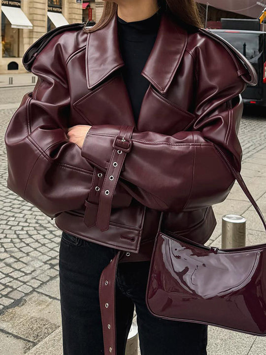 Damen Kunstlederjacke im Oversized-Design mit Riemen und neuen Details Heidi-Mode