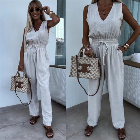 Damen eleganter Jumpsuit mit Taillenkordel und weitem Bein Heidi-Mode
