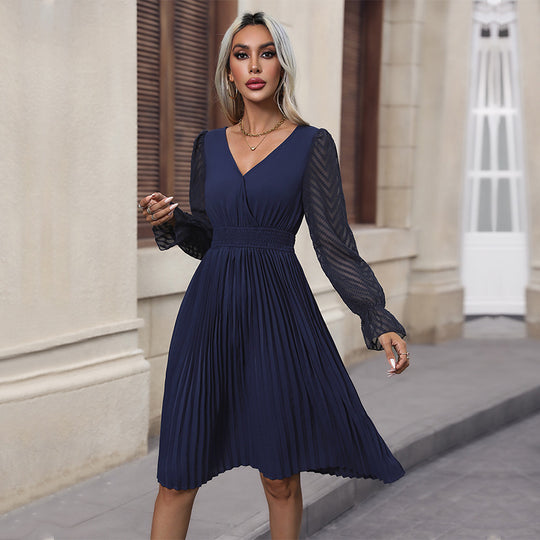 Damen Plissiertes Midi-Kleid mit Transparent em Spitzenärmeln und eleganter Taillierung Heidi-Mode