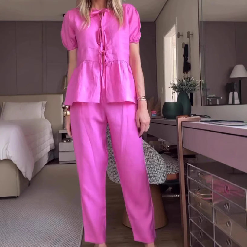 Damen entspannte Leinenhose mit passendem Oberteil und Rüschendetails Heidi-Mode