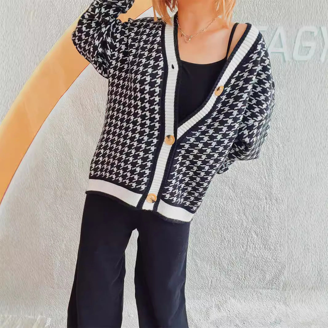 Damen oversized Strickjacke im klassischen Hahnentrittmuster Heidi-Mode