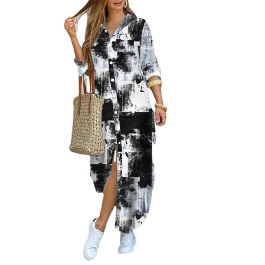 Damen Langarmhemdkleid mit elegantem Charme und reichhaltigem Grafikdruck Heidi-Mode