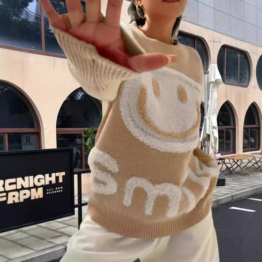 Damen Strickpullover mit fröhlichem Emoji-Motiv und komfortablem Schnitt Heidi-Mode