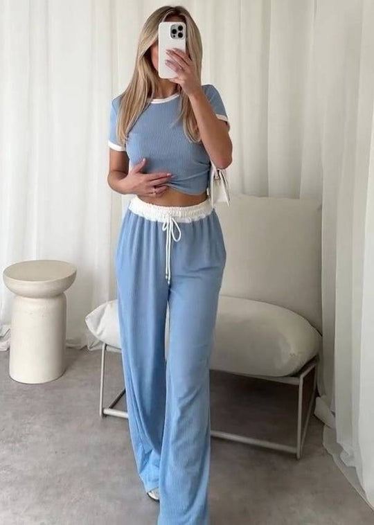 Damen lässiges Cropped Lounge-Set mit weicher Rippstruktur und bequemen Hosen Heidi-Mode
