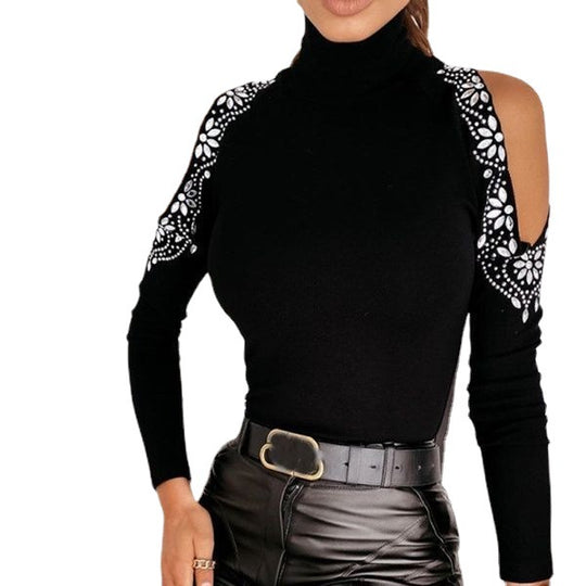 Damen Elegantes Oberteil mit freiem Schulterdesign und Spitzendetails Heidi-Mode