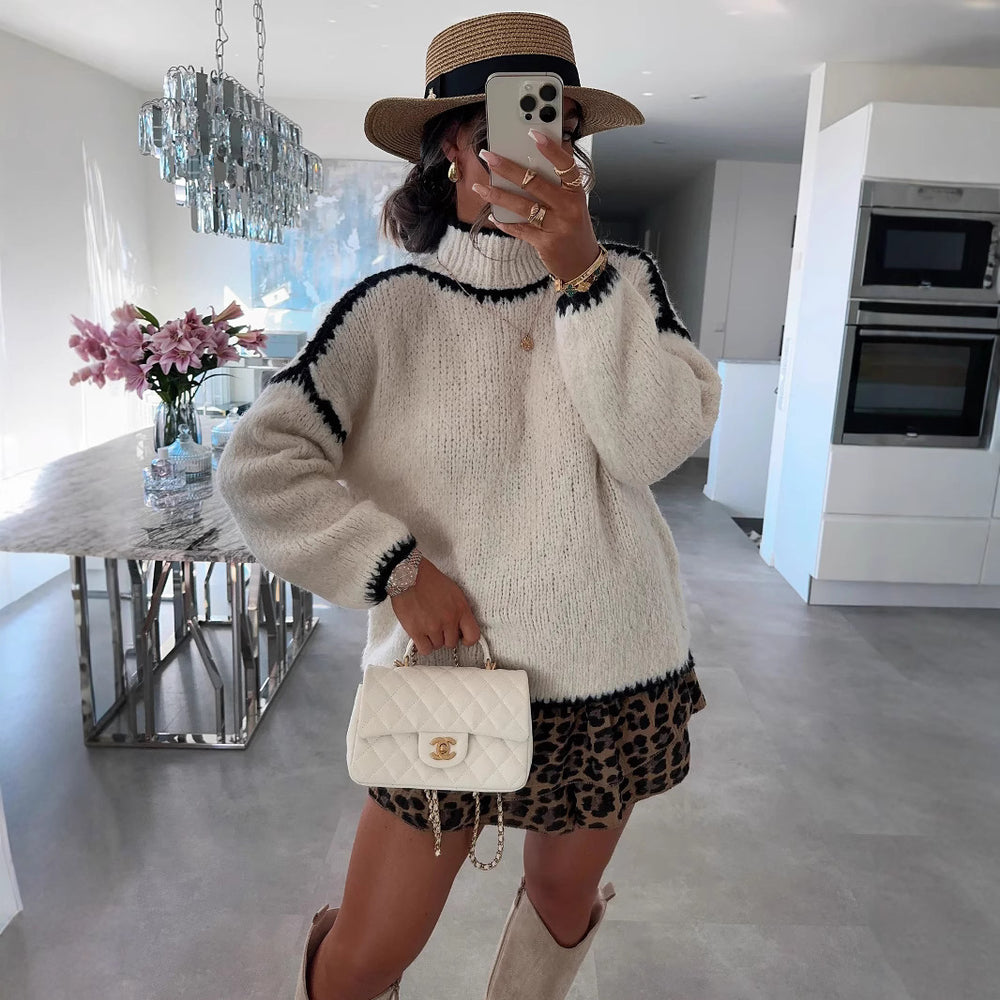 Damen modischer Pullover mit hohem Kragen und strukturiertem Strickdesign Heidi-Mode