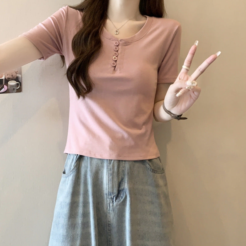 Femme Fitted Kurzarmpullover Henley Top Heidi-Mode