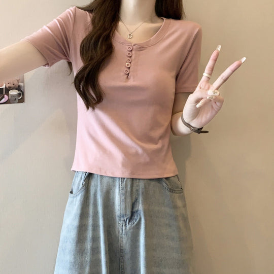 Femme Fitted Kurzarmpullover Henley Top Heidi-Mode