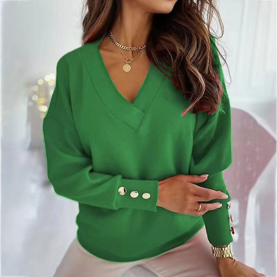 Damen lässiger V-Ausschnitt Pullover mit weiten Ärmeln und weichem Stoff Heidi-Mode