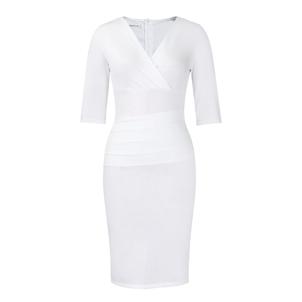 Damen figurbetontes Midikleid mit V-Ausschnitt und raffiniertem Drapierungsdesign Heidi-Mode