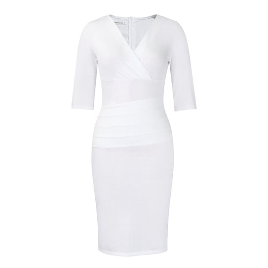 Damen figurbetontes Midikleid mit V-Ausschnitt und raffiniertem Drapierungsdesign Heidi-Mode
