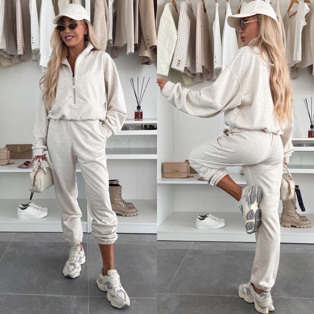 Damen Sportlicher Hoodie mit halbem Reißverschluss und bequemen Jogginghosen Heidi-Mode