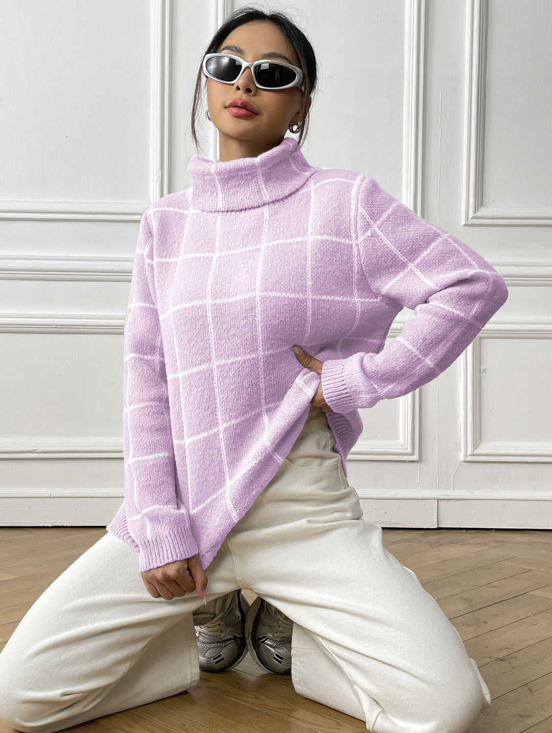 Damen Pullover mit hohem Kragen und kariertem Muster Heidi-Mode