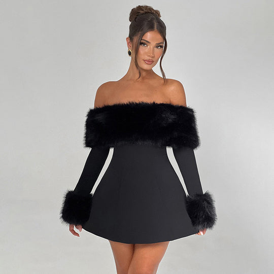 Damen Off-Shoulder Cocktailkleid mit eleganten Flauschesäumen Heidi-Mode