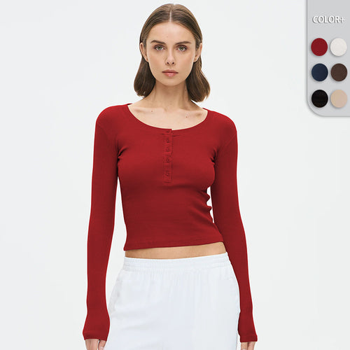 Damen Langarmshirt mit Knopfleiste und figurbetontem Schnitt Heidi-Mode