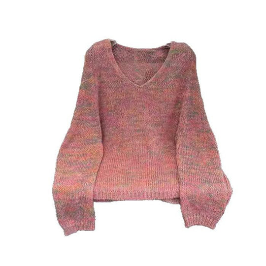 Damen leichter Strickpullover mit V-Ausschnitt und voluminösen Ärmeln Heidi-Mode