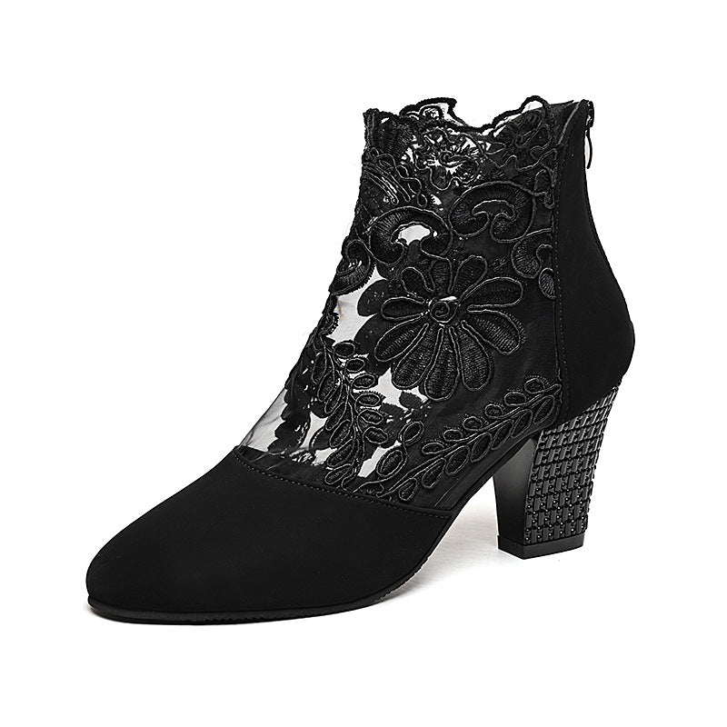 Damen Elegante Schnürstiefeletten mit floralem Spitzen-Design und blockiertem Absatz Heidi-Mode
