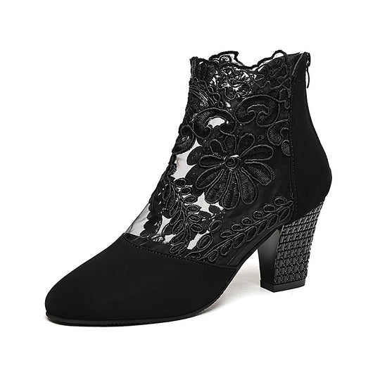 Damen Elegante Schnürstiefeletten mit floralem Spitzen-Design und blockiertem Absatz Heidi-Mode