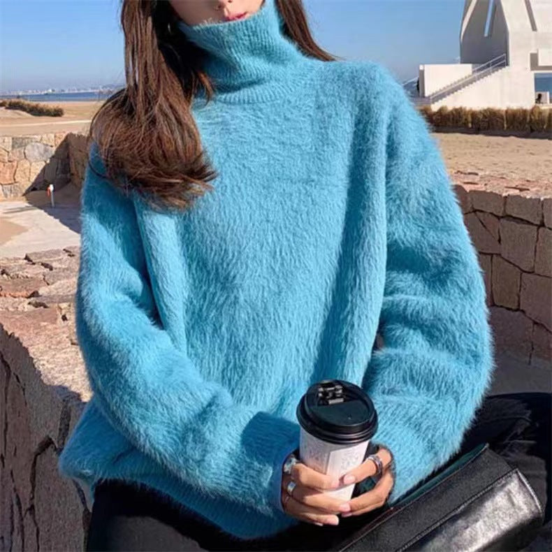 Damen Flauschiger Pullover mit Lockere Passform und Hohem Kragen Heidi-Mode