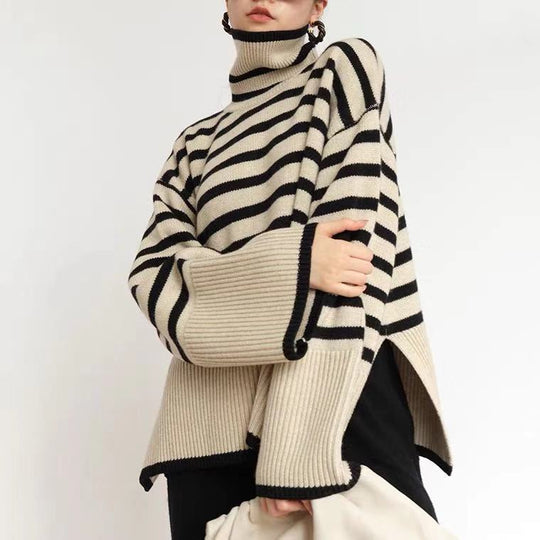 Damen Lässiger Strickpullover mit Blockstreifen und hohem Kragen Heidi-Mode