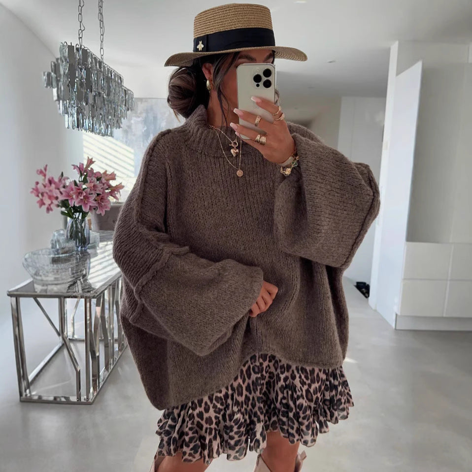 Damen lässiger Oversize Pullover mit hohen Ärmeln und unkonventionellem Schnitt Heidi-Mode