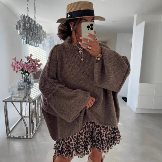 Damen lässiger Oversize Pullover mit hohen Ärmeln und unkonventionellem Schnitt Heidi-Mode