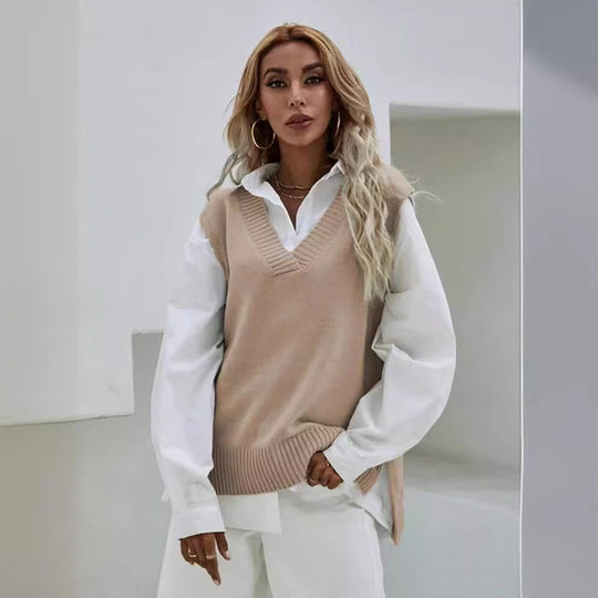 Damen Strickweste mit V-Ausschnitt und feinen Rippstrukturen Heidi-Mode