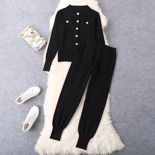Damen elegantes Strickanzug-Set mit Knopfdétails Heidi-Mode