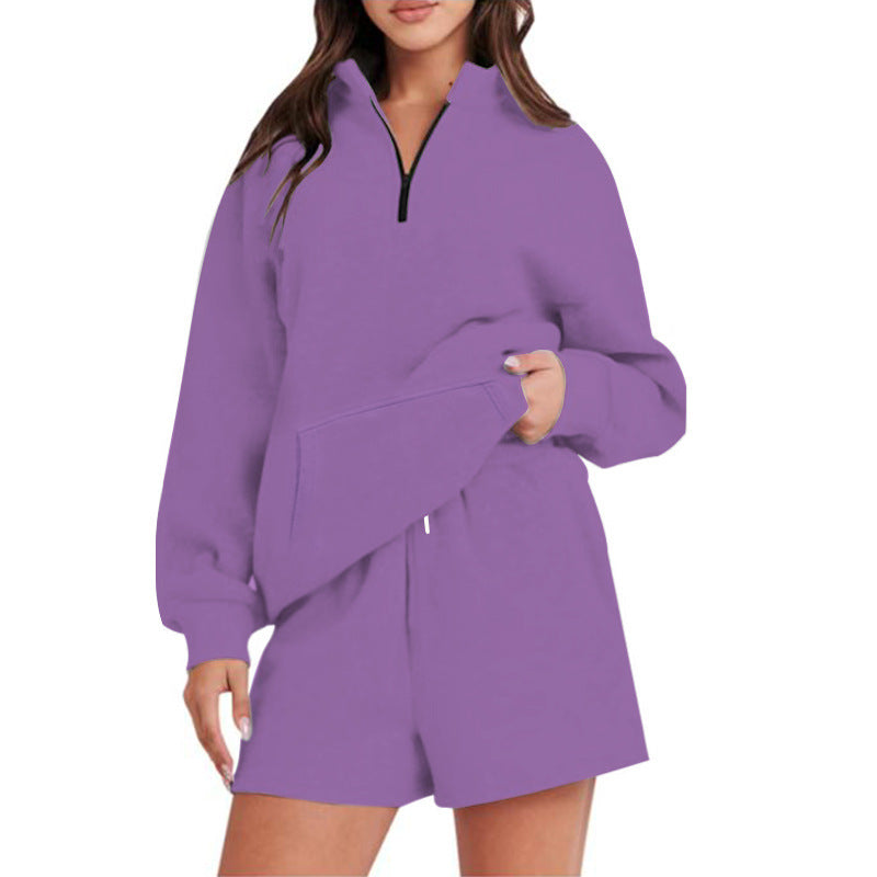 Damen Lässiger Sweatshirt-Set mit hochschließendem Kragen und kurzen Shorts Heidi-Mode