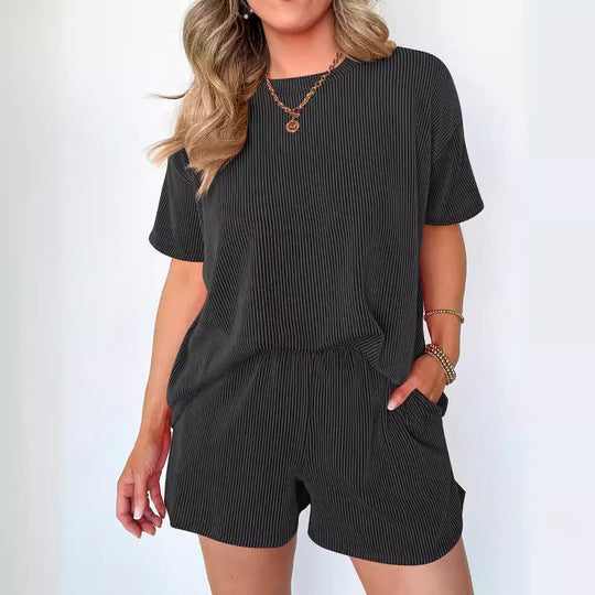 Damen lässiges Kurzarm-Set aus strukturierter Baumwolle mit elastischem Bund Heidi-Mode