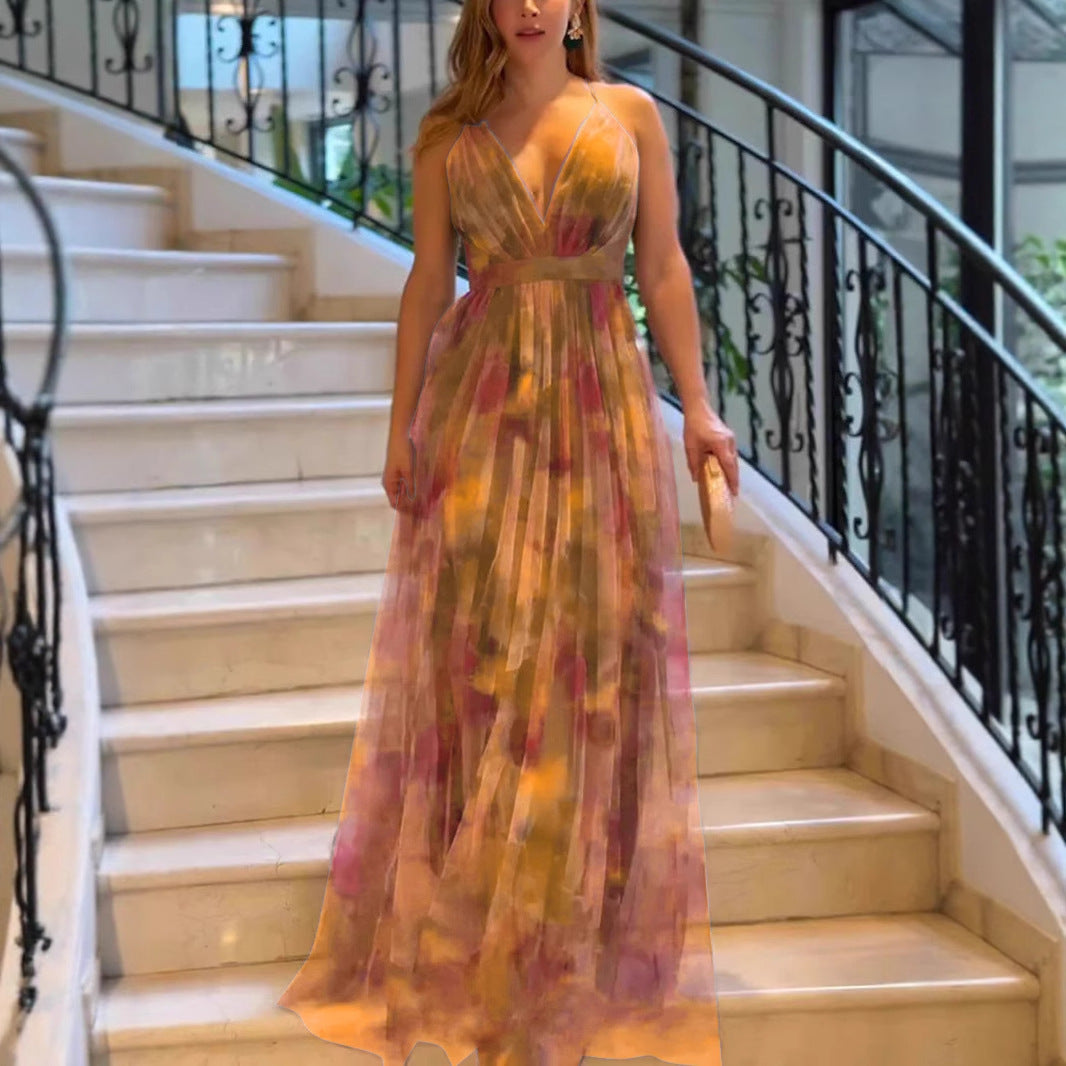 Damen Maxi-Kleid mit tiefem V-Ausschnitt und schwingendem Rock Heidi-Mode