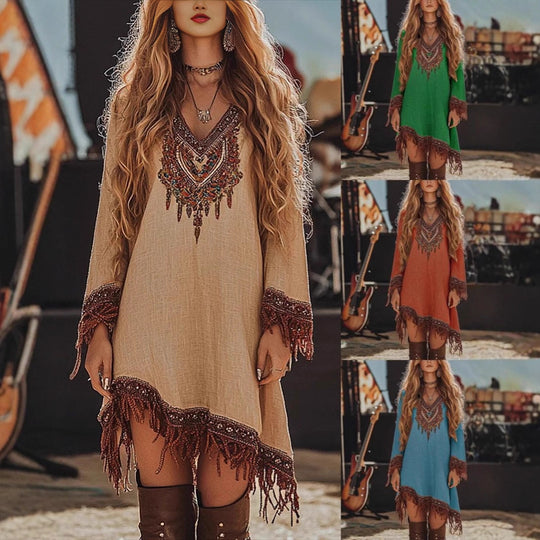 Damen Festival-Kleid mit kunstvollem Stickdesign und Fransen Heidi-Mode