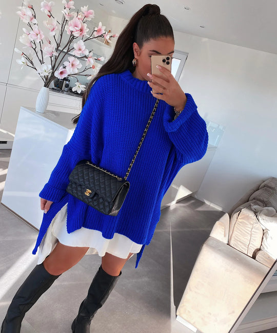 Damen grob gestrickter Oversize-Pullover mit V-Ausschnitt und lässigem Schnitt Heidi-Mode