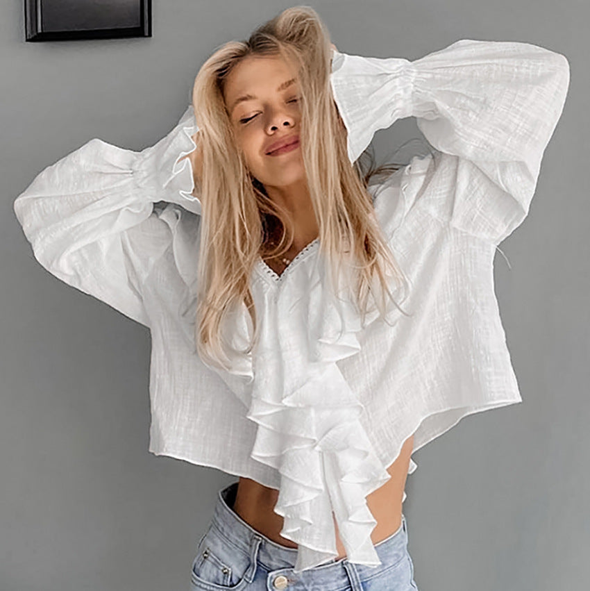 Damen Bluse mit voluminösen Rüschendetails und schickem V-Ausschnitt Heidi-Mode