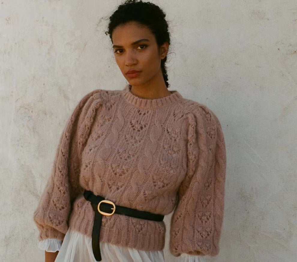 Damen Pullover mit strukturiertem Kabelmuster und voluminösen Ärmeln Heidi-Mode