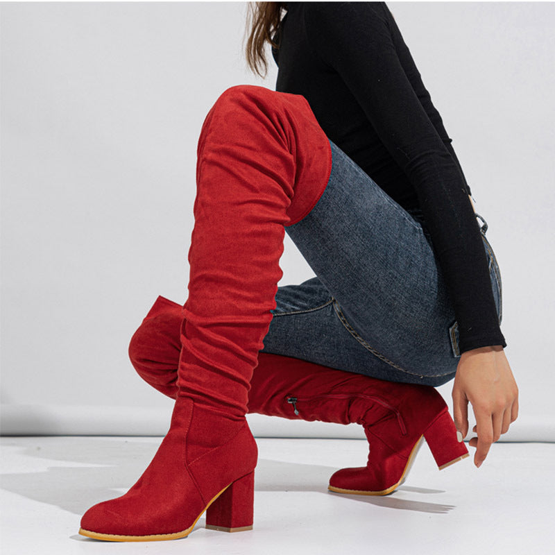Damen Overknee Stiefel mit eleganter Raffung und plushigem Obermaterial Heidi-Mode
