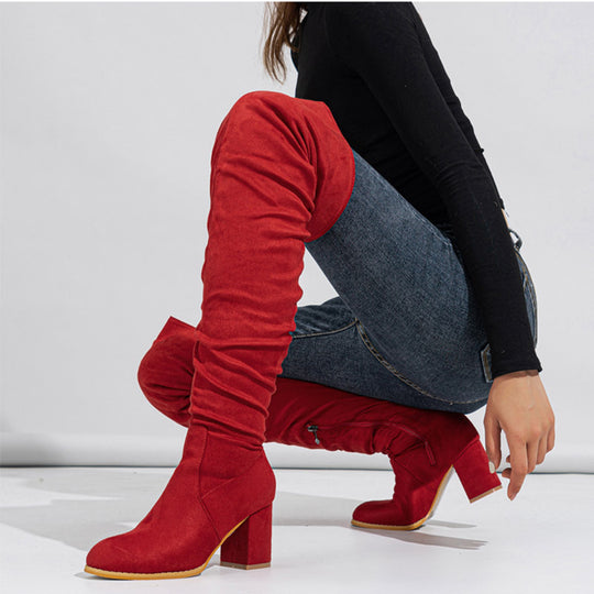Damen Overknee Stiefel mit eleganter Raffung und plushigem Obermaterial Heidi-Mode