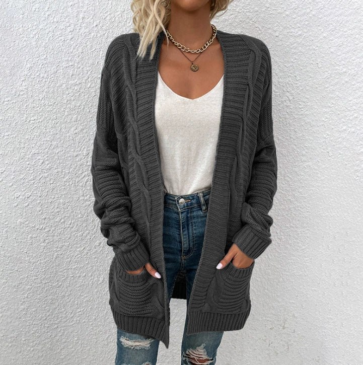 Damen Grobstrick-Cardigan mit großen Taschen und strukturiertem Design Heidi-Mode