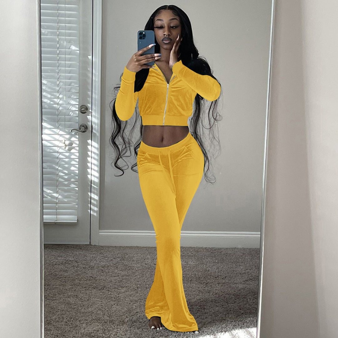 Damen Komfortables Lounge-Set aus weichem Veloursstoff mit Zip-Oberteil und weitem Bein Heidi-Mode