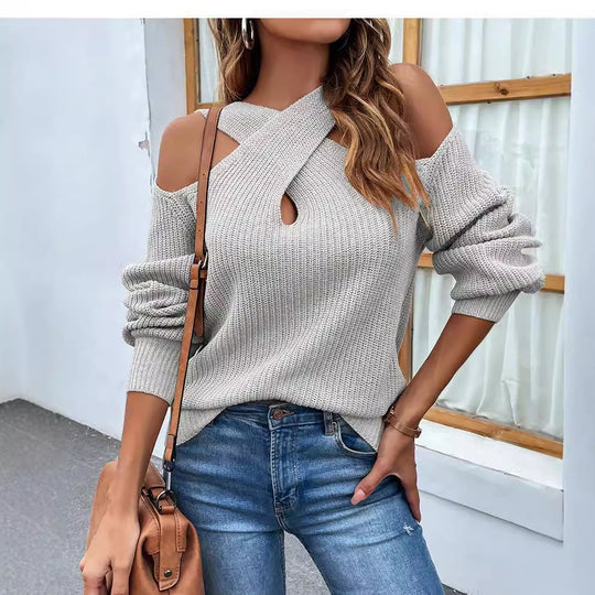 Damen Strickpullover mit asymmetrischem Ausschnitt und offenen Schultern Heidi-Mode