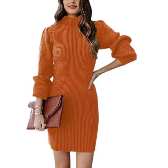Damen Strickkleid mit hohem Kragen und Puffärmeln Heidi-Mode