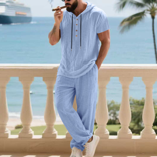 Herren komfortables Freizeit-Set mit modischem Henley-Oberteil und lockeren Hosen Heidi-Mode