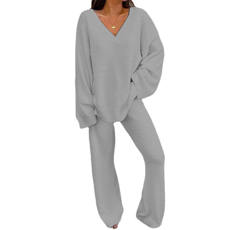 Damen Bequemes Fleece-Loungewear-Set mit V-Ausschnitt Heidi-Mode