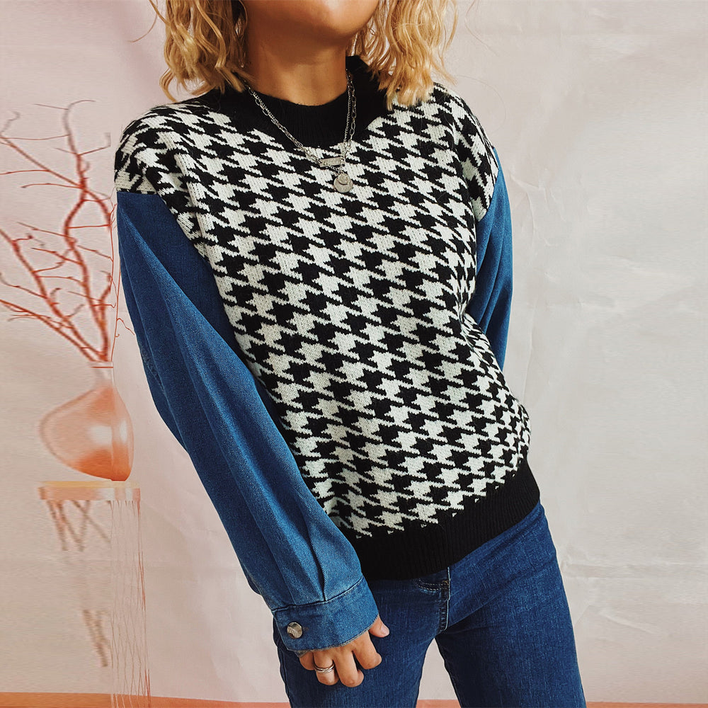 Damen Strickpullover im modernen Hahnentrittmuster mit lässigen Denim-Ärmeln Heidi-Mode